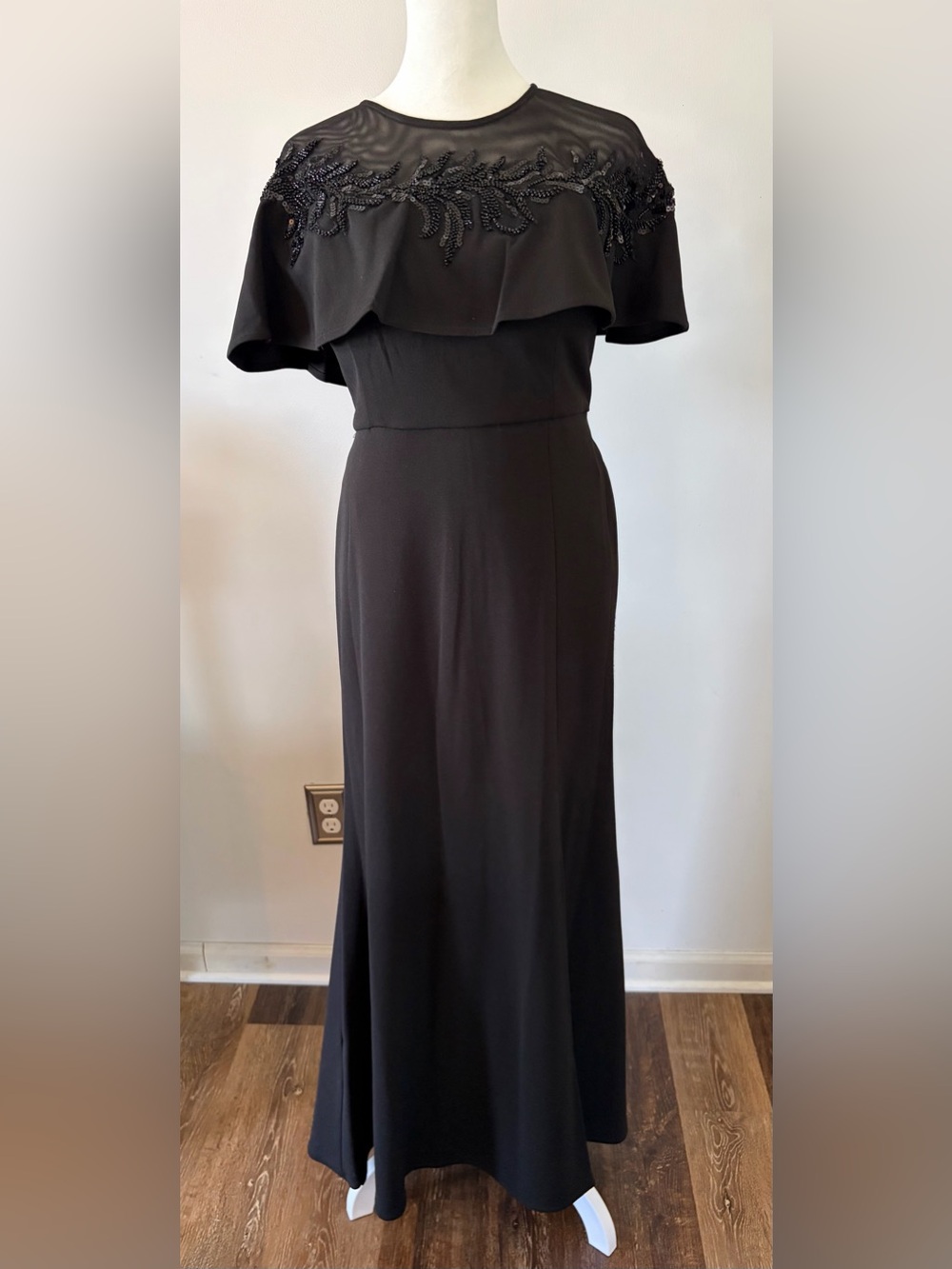 R&M Richards Black Beaded Capelet Maxi Gown